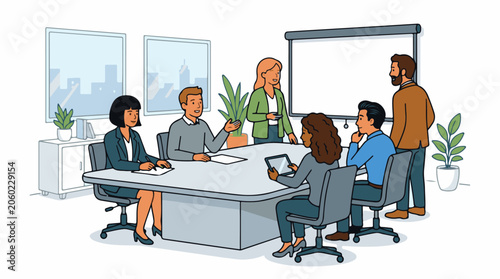 A group of people in business attire engaged in a meeting around a large table