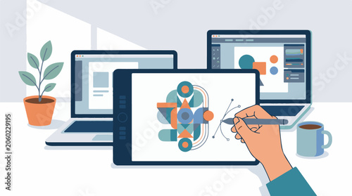A hand drawing on a graphic tablet with laptops and plant