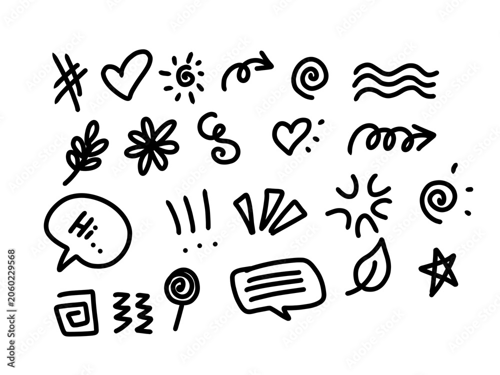 Fototapeta premium doodles set featuring hand drawn abstract elements, playful sketches, decorative icons, organic shapes, and artistic line illustrations. Perfect for stickers, planners, journals, scrapbooks, 