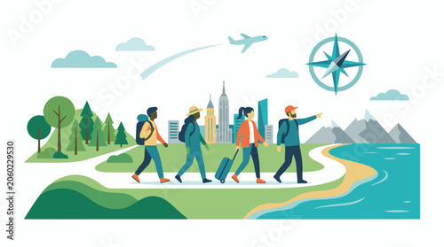 A group of travelers walking along a scenic path