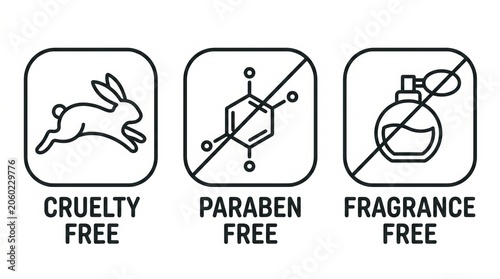 Three Certification Badges for Cruelty Free Paraben Free and Fragrance Free Products.