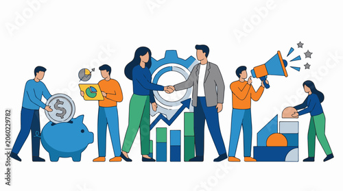 A group of people working together with business graphs