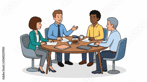 A group of four colleagues in business casual attire engaged in a meeting around a round wooden table with documents, coffee, and digital devices