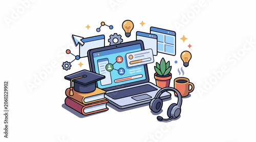 A laptop with a website on the screen surrounded by books, a graduation cap, a headset, and a mug