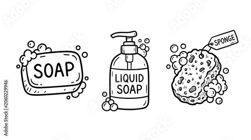 Hand drawn soap bottles and germ illustration for hygiene awareness.