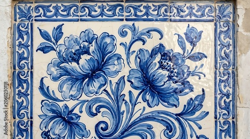 Blue and white floral ceramic tile art with ornate border