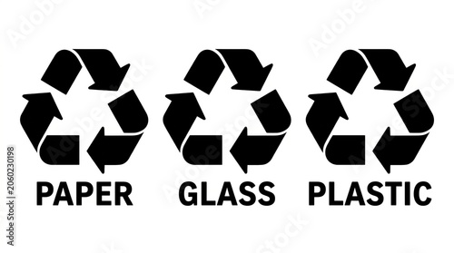 Three universal recycling symbols for paper, glass, and plastic against a white background.