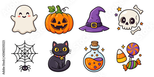 Fotografía Cute halloween icons set ghost pumpkin witch hat skull spiderweb cat potion cand