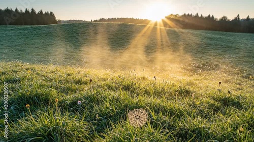 Delicate dew-kissed spiderweb glistening in the golden morning sunlight over a green grassy field with a forest background.