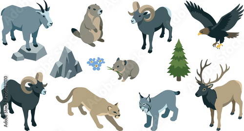 Foto Isometric Mountain Wildlife Vector Collection Featuring Eagle, Cougar, Lynx, Car