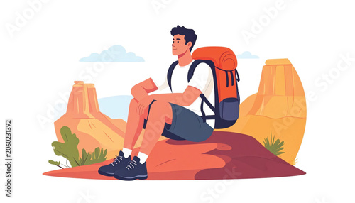 Man sitting with backpack outdoors reading.