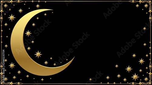 Gold crescent moon and stars celestial background with copy space