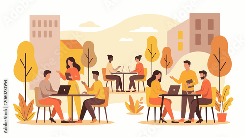 A group of people working on laptops outside in an urban setting with trees