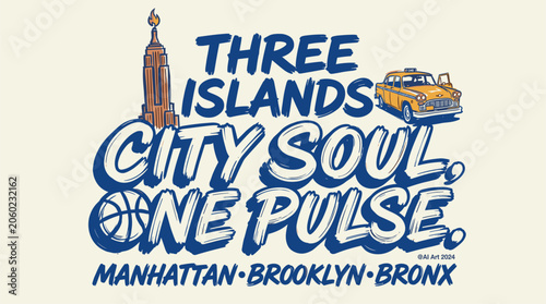 City soul one pulse. Three islands vintage design for t shirt print poster sticker. Manhattan Brooklyn Bronx travel graphic.
