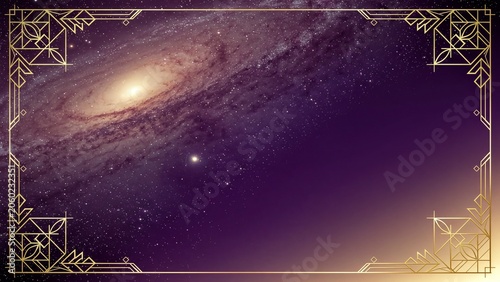 Art deco gold frame over a deep purple spiral galaxy with copy space