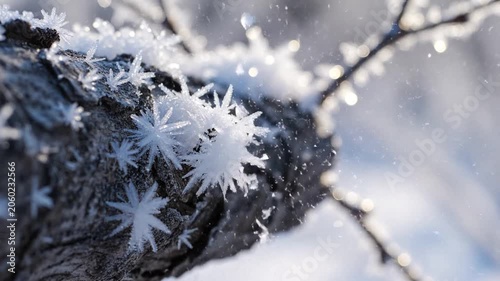 Delicate frost crystals adorning a winter branch in sunlight