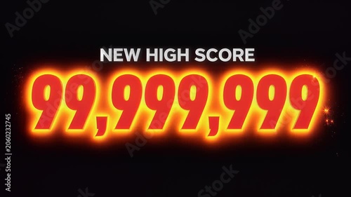 A captivating digital display shows 'NEW HIGH SCORE' with a massive glowing red number 99,999,999 against a black background, symbolizing ultimate victory and achievement.