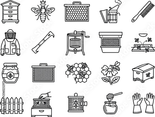 Vector line art icons depicting beekeeping tools and honey production. Features beehives, apiary equipment, bees, and beekeeper essentials in a modern outline style