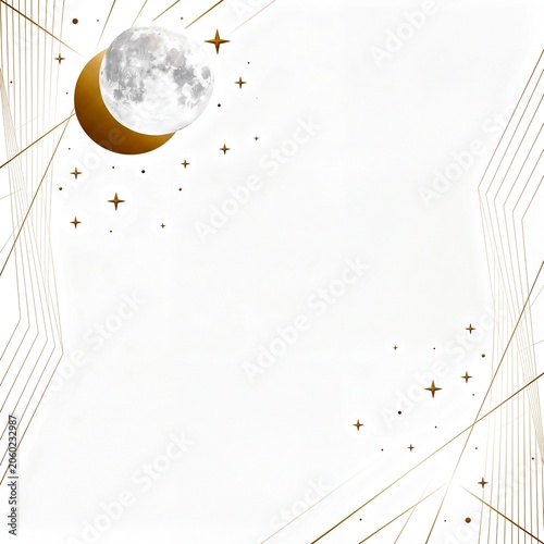 White celestial frame with gold full moon, stars and geometric lines