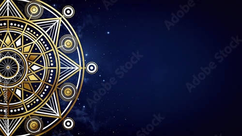 Gold and white geometric mandala on a starry navy blue background
