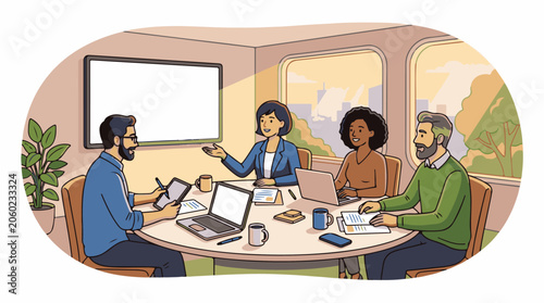 A group of four coworkers collaborates on a project in a train conference room
