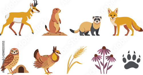 Bild auf Leinwand Prairie Wildlife and Native Plant Vector Collection Featuring Pronghorn Prairie