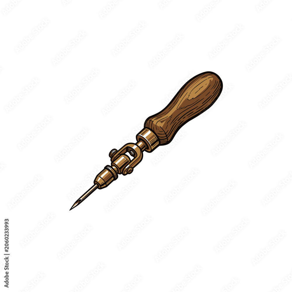 Obraz premium Vintage Brass Pottery Trimming Needle With Turned Wooden Handle, Adjustable Knurled Collar, Sharp Steel Tip And Antique Golden Finish Vector Illustration