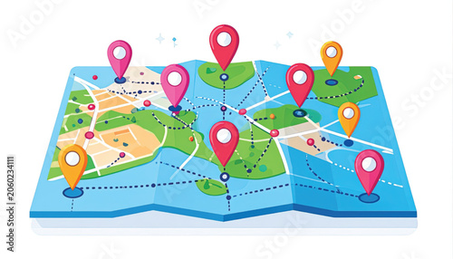 Colorful map with location pins.
