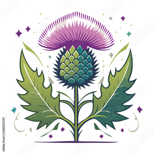 Stylized thistle flower illustration with purple and green colors