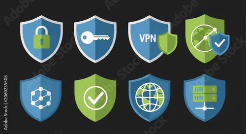 Collection of security and protection shield icons with digital symbols.