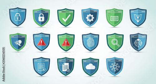 Collection of Security Shields with Icons Representing Digital Protection.