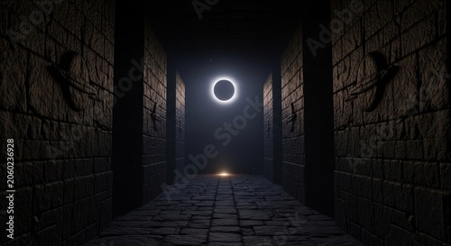 Dark tunnel with glowing light exit.