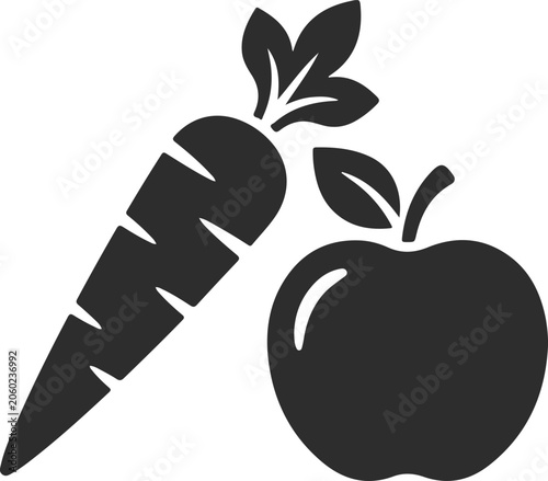Fotografie Carrot and Apple Icon A simple, stylized graphic illustration of a healthy carrot and a fresh apple, symbolizing wholesome food choices and healthy eating