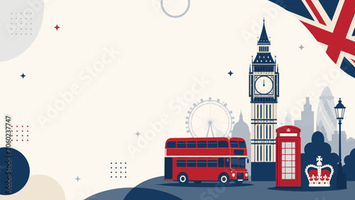 Cuadro en lienzo London Icons Montage: A vibrant and stylized illustration showcasing iconic London landmarks including Big Ben, a red double-decker bus, a traditional red telephone booth, the London Eye