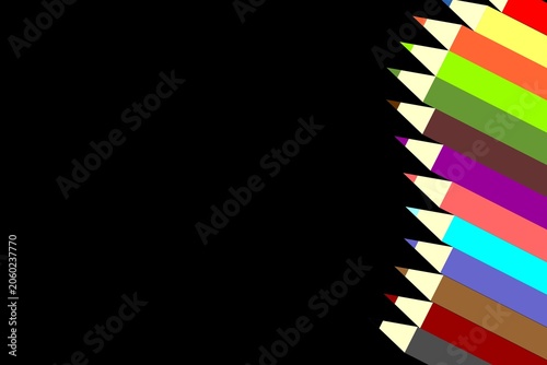 A Vibrant Row of Colorful Sharpened Pencils Arranged on a Bold Deep Black Background Texture