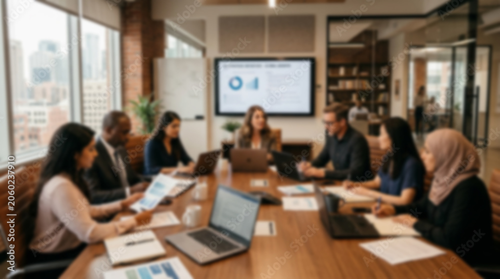 Fototapeta premium Soft focus blurred photo of Diverse professional business team having a meeting in a modern office boardroom with laptops and documents on a large wooden table