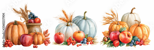 Foto Watercolor trio of autumn harvest scenes with pumpkins, apples, berries, grapes