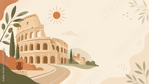 Cuadro en lienzo Colosseum Illustration: A stylized illustration of the Colosseum in Rome, set against a warm, muted background with olive branches and a stylized sun, evoking ancient history and Mediterranean charm