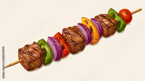 Delicious grilled meat skewer shish kebab with succulent pieces of beef or lamb and vegetables, flat vector illustration isolated on light background for menu design, barbecue party and food concepts.
