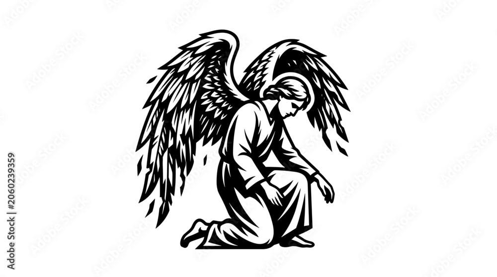 Fototapeta premium Angel kneeling with wings spread in a solemn pose.