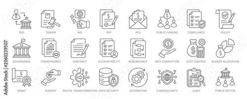 B2G (Business-to-Government) outline vector icon set featuring tender, bid, RFP, RFQ, governance, transparency, public funding, compliance, digital transformation and public sector concepts.