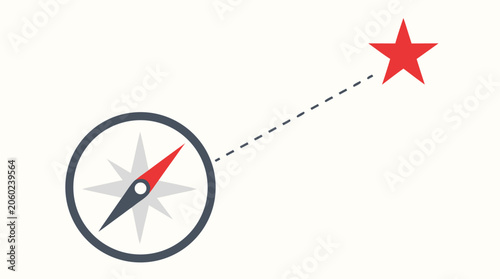 Simple Compass Icon Pointing Towards a Red Star, Symbolizing Guidance, Future Direction, Strategic Success, and Goal Navigation in a Clean and Minimalist Flat Vector Illustration Style.