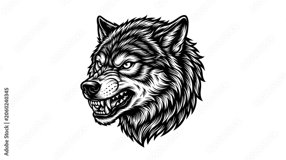 Obraz premium Fierce Wolf Head Illustration Black and White.