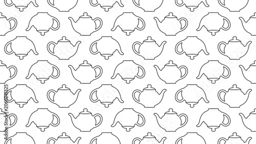 Seamless pattern featuring classic teapots in a clean line drawing style on a transparent backdrop for cafes, tea shops, high tea themes, tea tasting, tea culture, or serving concepts.