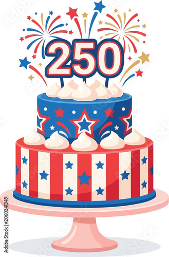 Celebration cake with 250 topper and fireworks