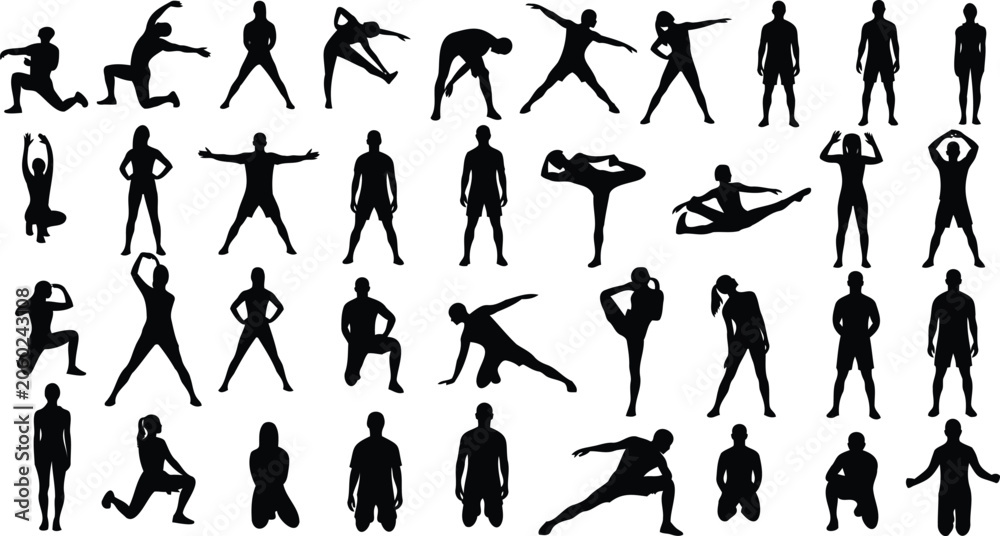 Fototapeta premium Silhouettes show people in various fitness poses.
