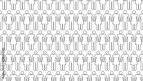 Stroke outline seamless pattern featuring hand-holding male and female figures on a transparent background for gender, population, and human themes. Seamless human icon pattern background.
