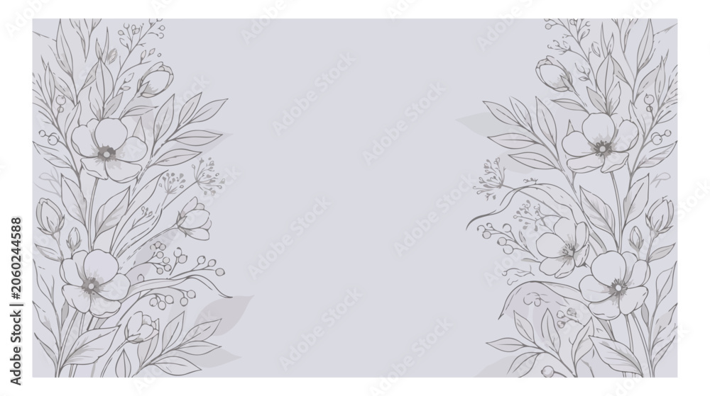 Fototapeta premium Elegant floral line art background, hand drawn botanical frame on lavender purple, minimalist wildflower border vector for wedding invitations