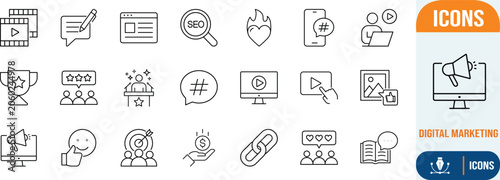 Seo and digital marketing outline icons. seo icon set, megaphone icon set, video icon set