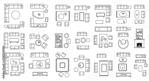 Collection of Top Down Floor Plan Layouts for Furniture Arrangement.